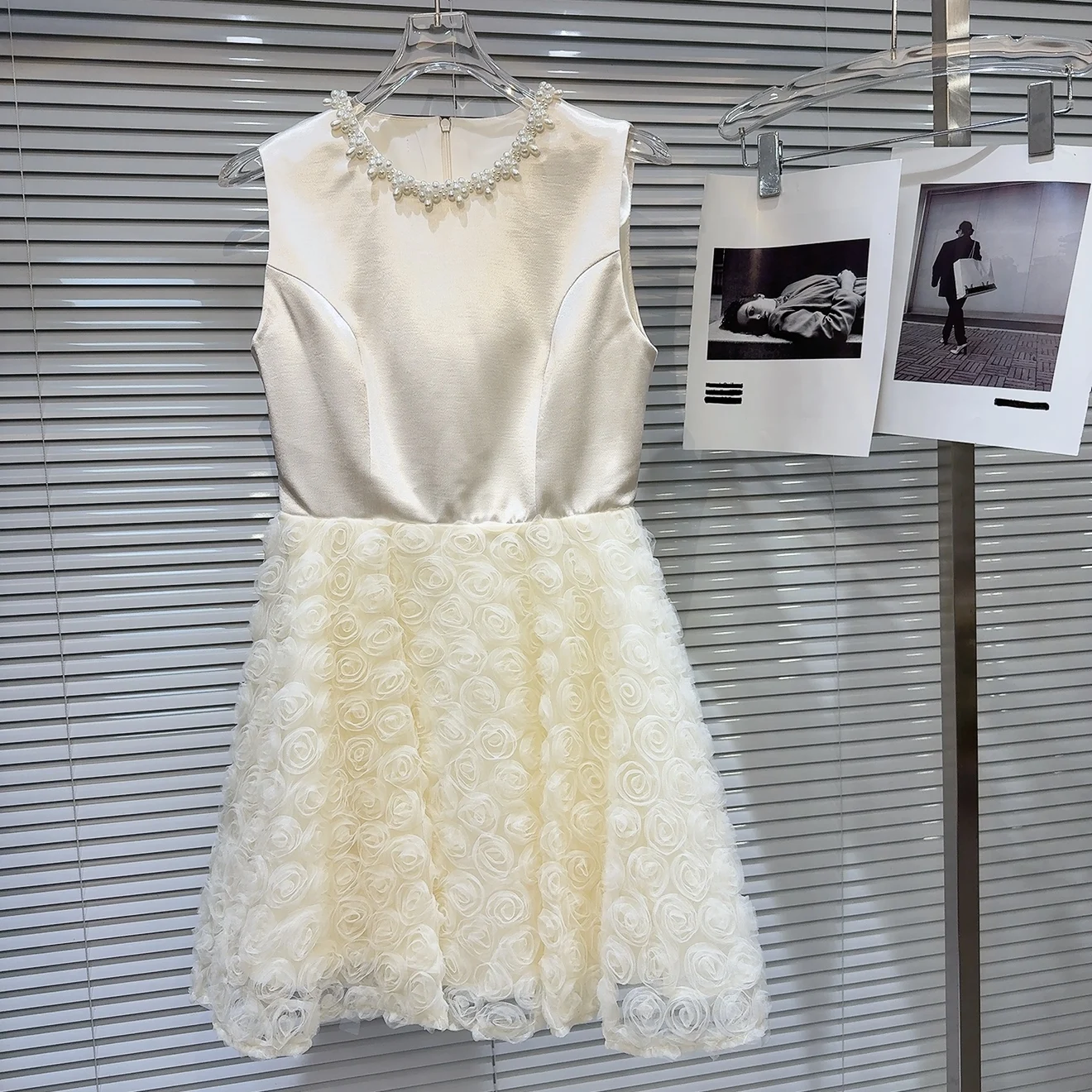 Été nouveauté doux Sle taille haute col de perles dentelle Patchwork Satin gilet Dr Midi jupe ronde Ne couleur