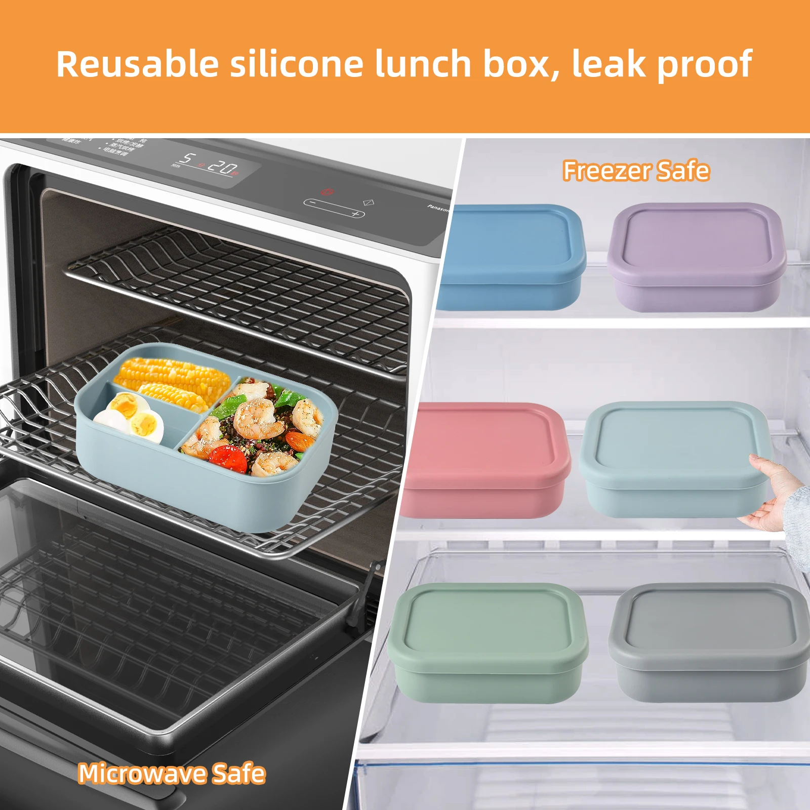 1PC square silicone three in one bento box for home and outdoor use, insulated rice bowls, food grade silicone bento box