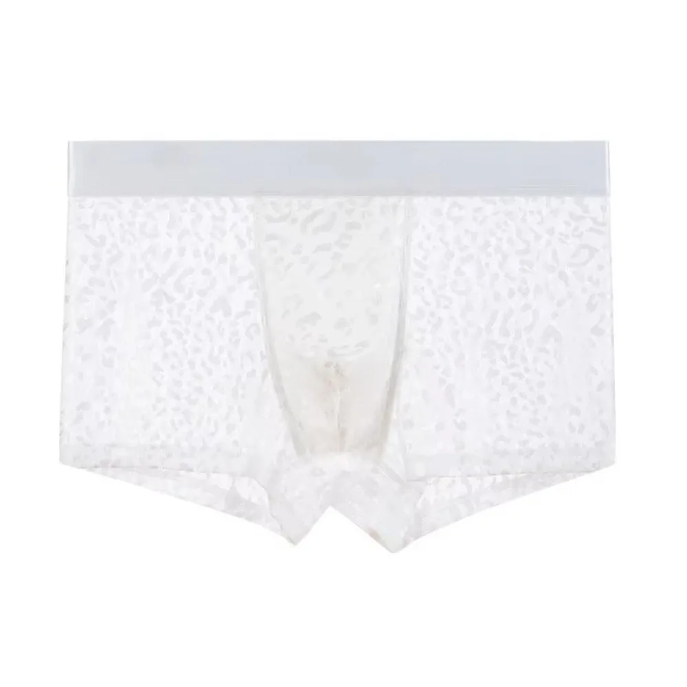 Breathable Ultra-thin Boxer Briefs Mesh Transparent Mid Waist Ice Silk Underwear Lingerie Leopard Dots Men's Underpants Men