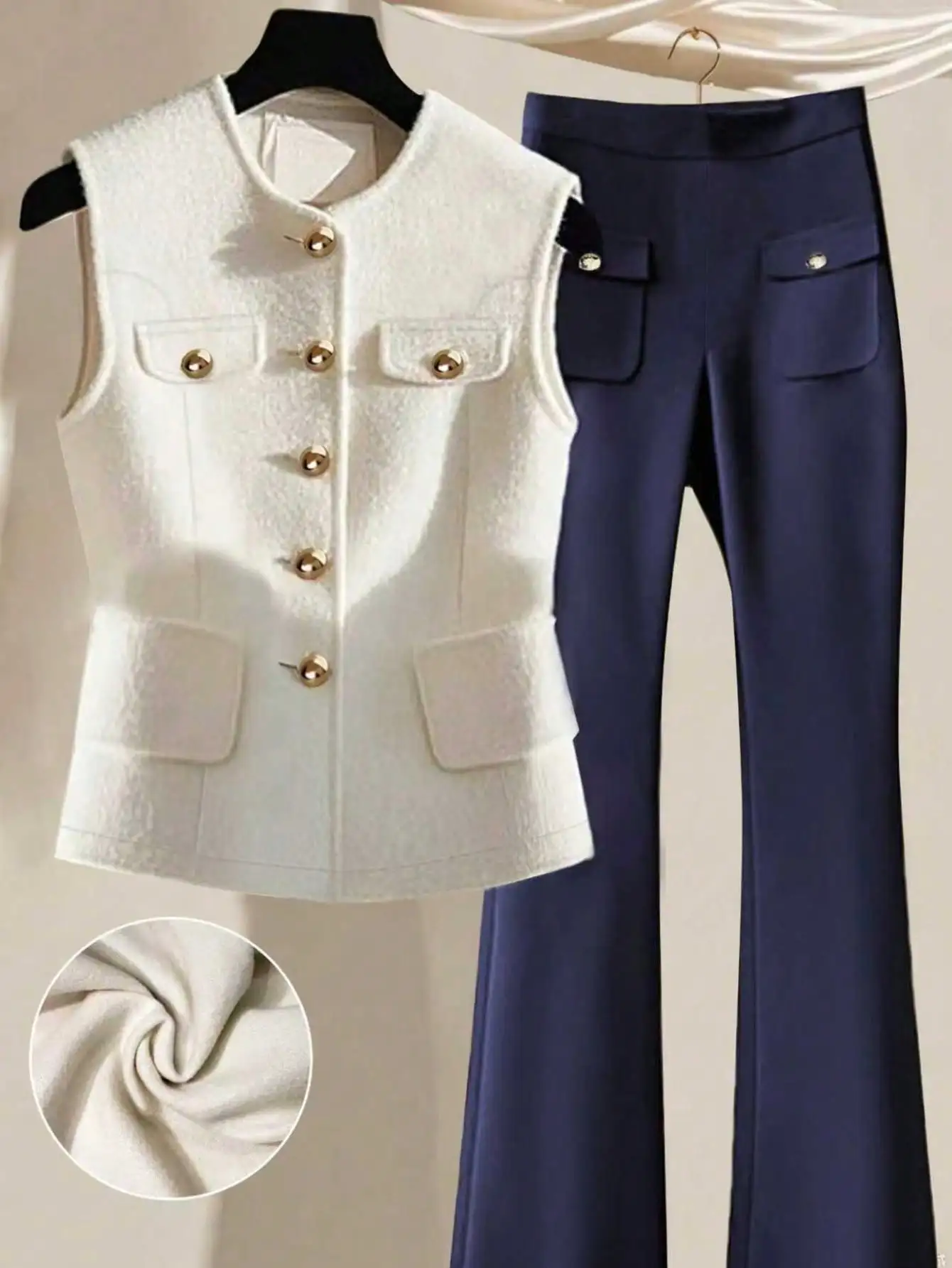 

Cream Wool-Blend Vest & Navy Flare Pants Set for Office or Casual Wear