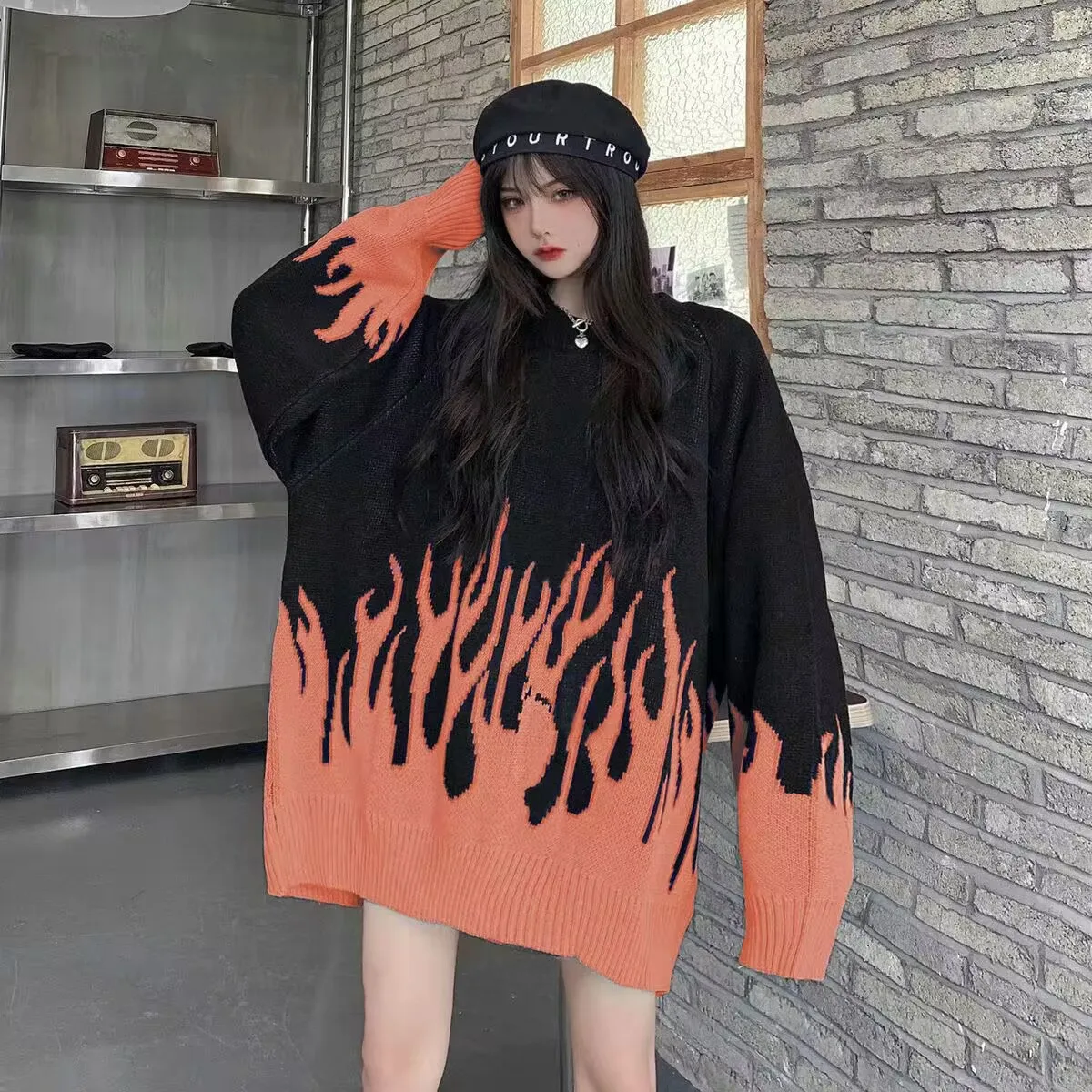 Autumn Winter Womens Flame Pattern Colored Knitted Sweater Pullover