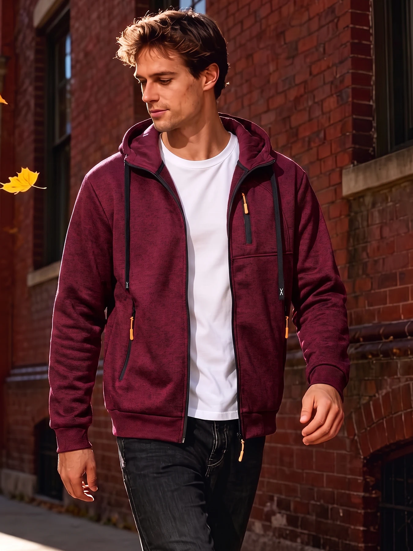 Mens Multi Zipper Pockets Full Zip Hoodie Drawstring Hooded Sweatshirt Long Sleeve Ribbed Cuffs Hem Casual Sports Outerwear