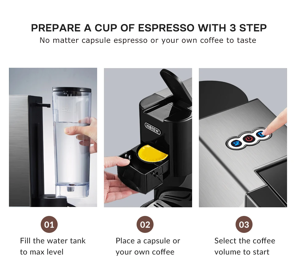HiBREW Kaffeemaschine 5in1 Espresso mit mehreren Kapseln Dolce Milk&Nespresso&ESE Pod&Pulver Kaffeemaschine Edelstahl Metall H3A – Detail 15