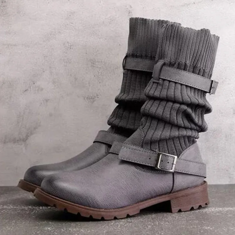 Dropship Winter Autumn Women Mid-Calf Boots fashion Knitted Woman Boots Round Toe Flat with Shoes Female Footweae boot 2023