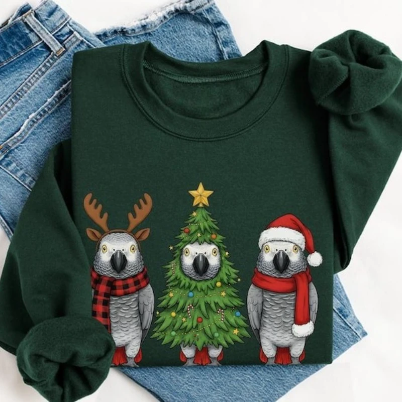 เสื้อฮู้ดลายนกแก้วแอฟริกันเกรย์ สำหรับฤดูใบไม้ร่วงและฤดูหนาว ลายซานต้า ของขวัญคริสต์มาสสำหรับผู้ใหญ่ แขนยาว ให้ความอบอุ่น เสื้อฮู้ดเข้าชุด