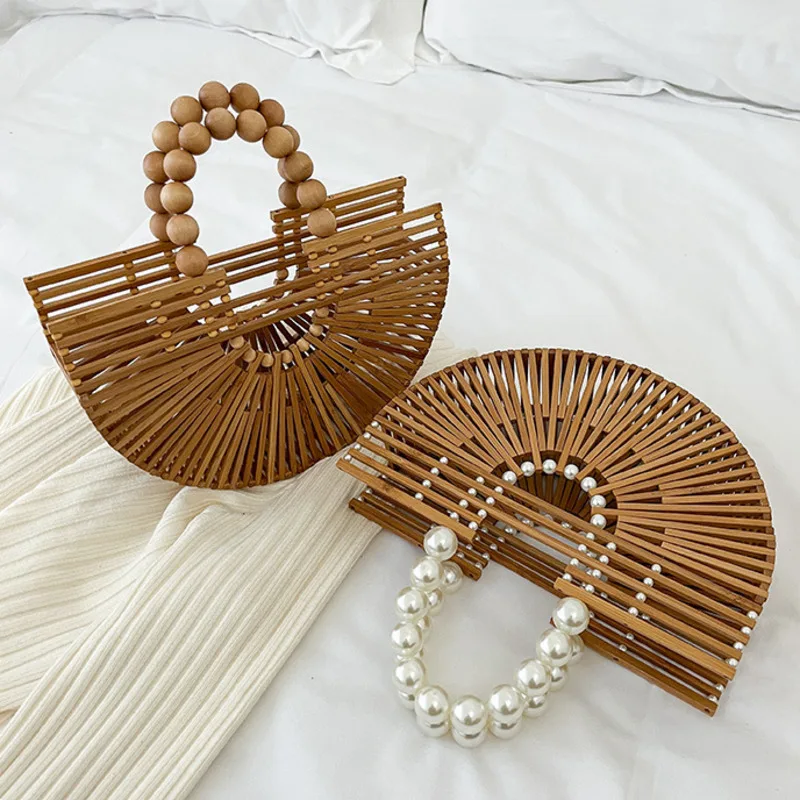 

Summer Vacation Woven Straw Bag High Quality Handmade Bamboo Handbag Pearl Handle Design Women Hollow Out Beach Bag Female Bag