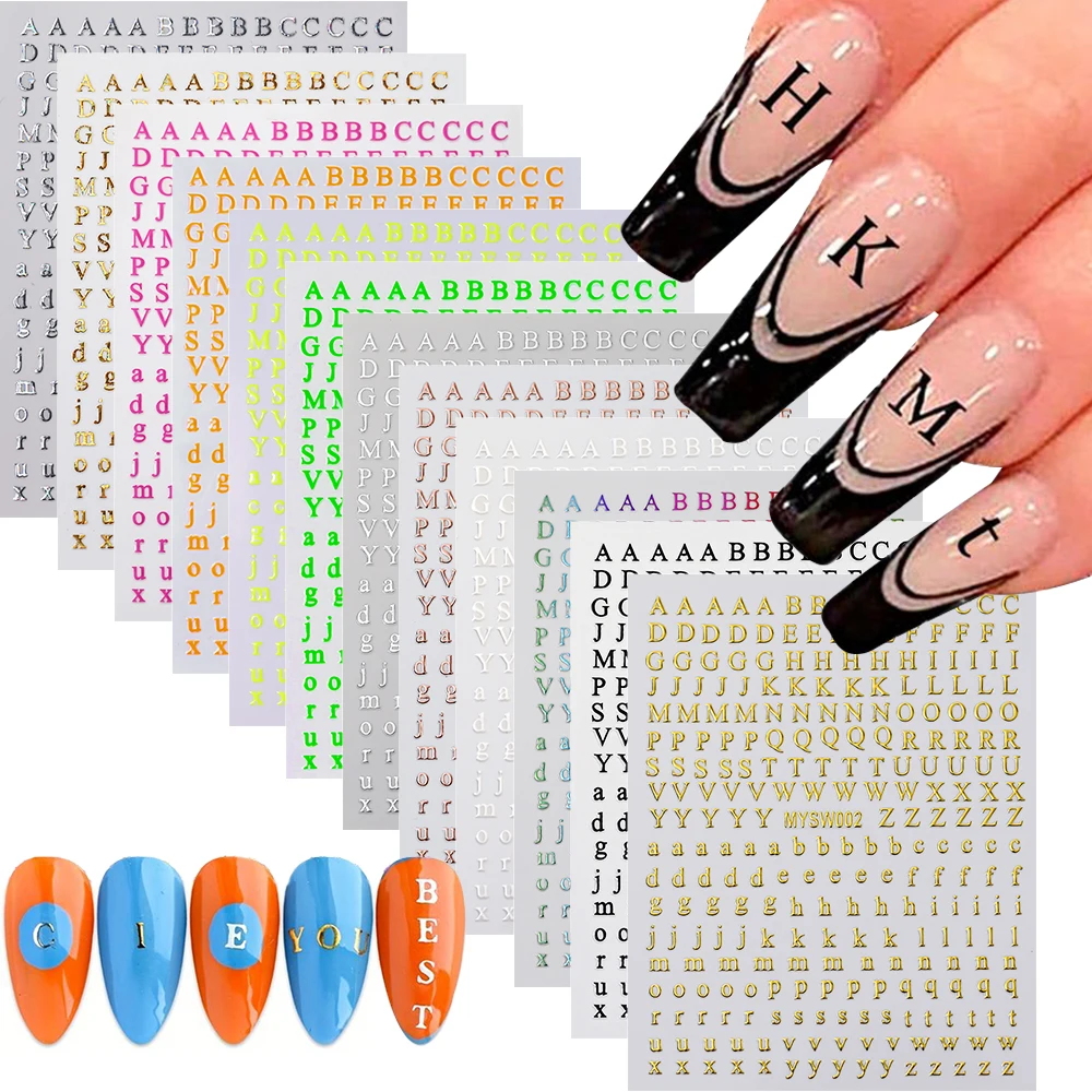 12 Sheets Laser Golden Silver English Alphabet 3D Nail Stickers Letter Design Self Adhesive Nail Art Decals Manicure Decoration