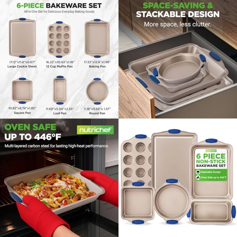 

6-Piece Nonstick Bakeware Set - Premium Carbon Steel Baking Trays w/Heat-Safe Silicone Handles - Includes Loaf Pan, Muffin/Cupc