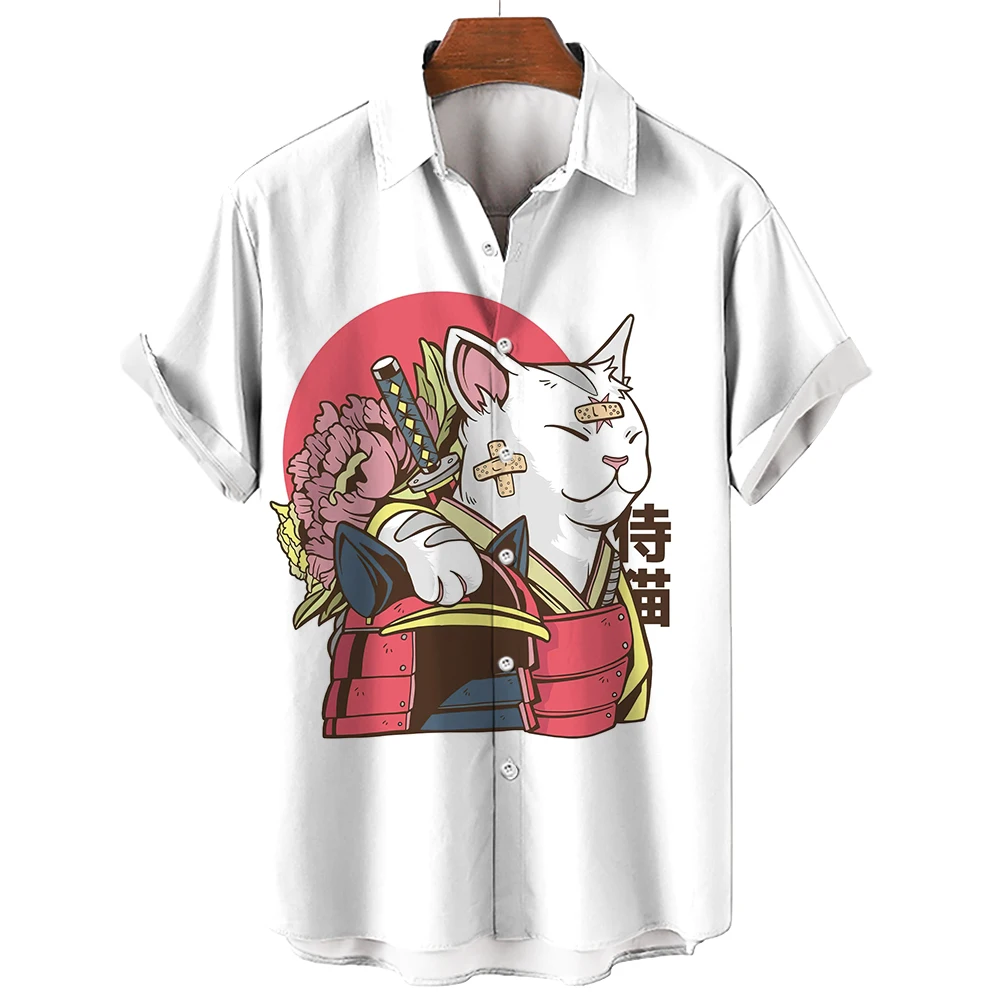 Vintage Men's Shirts Summer Harajuku Man Clothing Cat Short Sleeve Japanese Streetwear Casual Anime Blouse Men Camisas Casuais