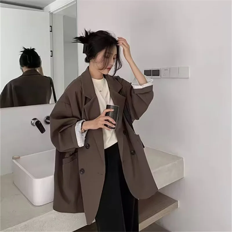 

Laid-back Style Women's Coat Coffee Color Loose Fit Spring Autumn New Arrival Fashionable Polyester Long Sleeve Mid-Le...