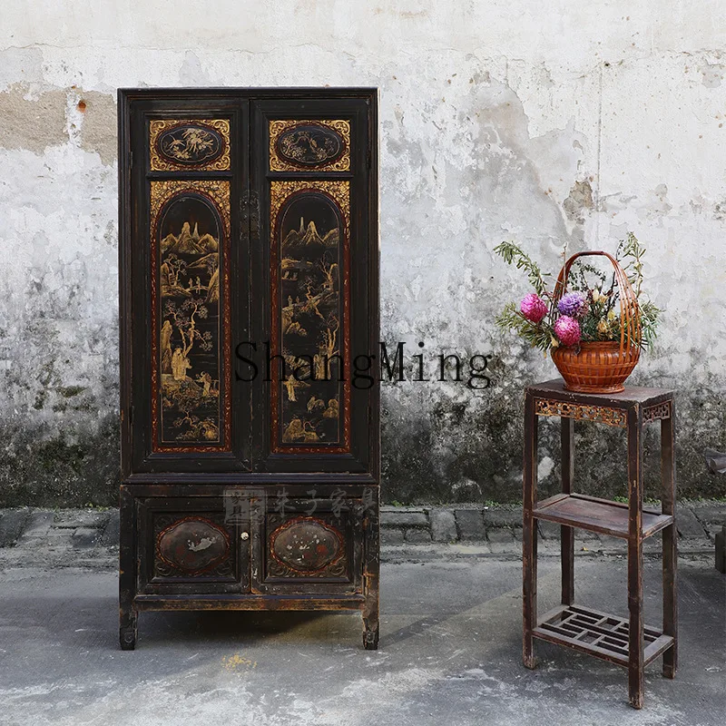 

CL classical Chinese solid wood wardrobe bedroom furniture household double door storage wardrobe old carved cabinet