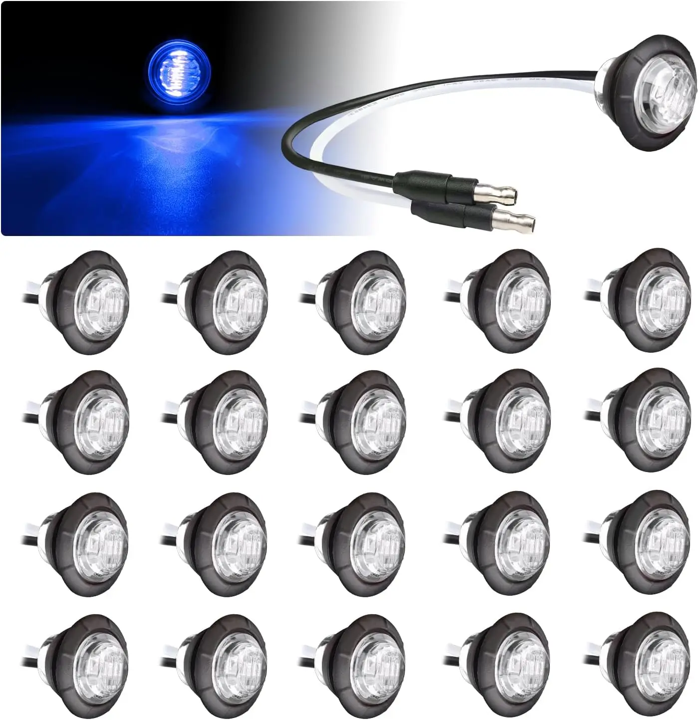 

3/4 Inch Mini Clear Lens Blue Light 3 LED Side Marker Lights with Connector Plug for Truck Trailer Bus 12V DC Pack of 20