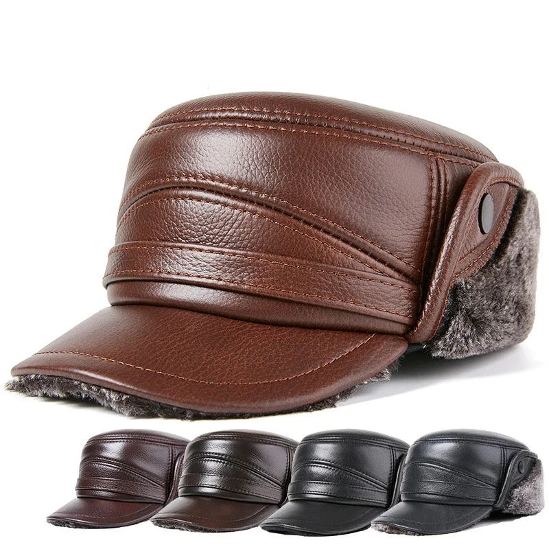 

Winter Bomber Hat Men Russian Brown Leather Fashion Cap with Ear Flaps Fur Comfortable Warm Genuine Cow Leather Baseball Cap