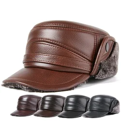 Winter Bomber Hat Men Russian Brown Leather Fashion Cap with Ear Flaps Fur Comfortable Warm Genuine Cow Leather Baseball Cap