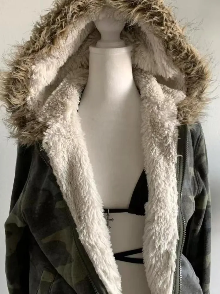 Women Y2k Harajuku Grunge Vintage Sweatshirt Faux Fur Zip Fashion Jacket Streetwear Winter Vintage American Retro Camo Hoodie