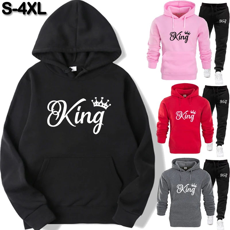 New Fashion KING Printed Hoodie Set Autumn/Winter Couple Hoodie+Pants Two Piece Set Sports Fitness Hoodie Pants