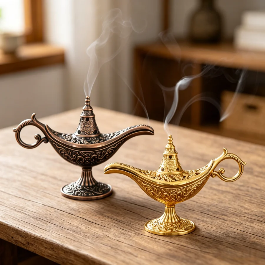 Aladdin's Magic Lamp Zinc Alloy Incense Burner - Hollow Metal Aromatherapy/Tesla Candle Holder, Exquisite Mythical Creature Design, No Electricity Required, Christmas Halloween New Year Holiday Home Decoration