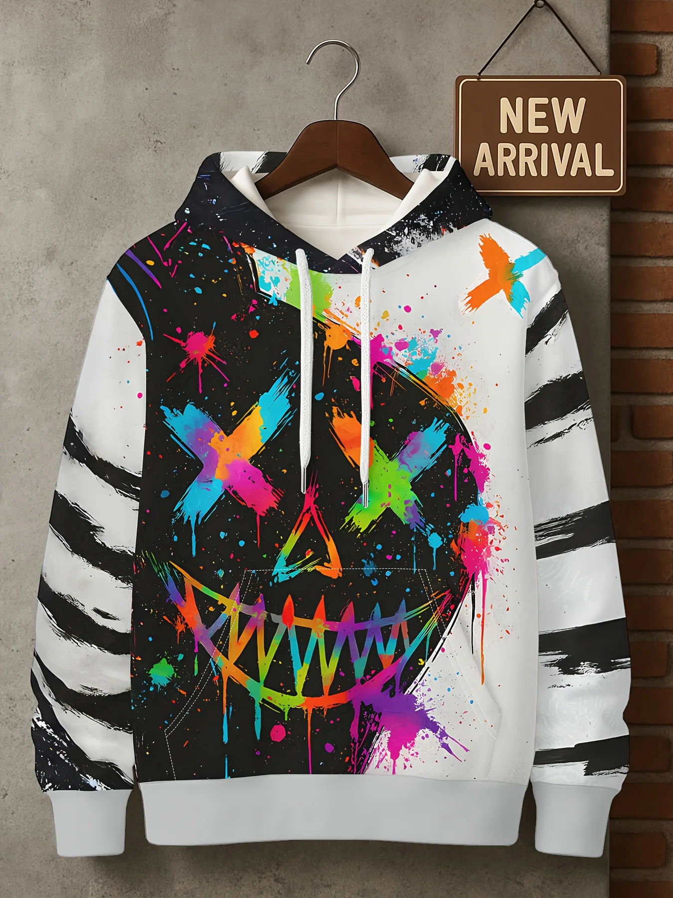 Men's Hoodie thin Autumn Winter Colorful Splash Graffiti Skull Full Print Hooded Pullover Long Sleeve Streetwear Clothes