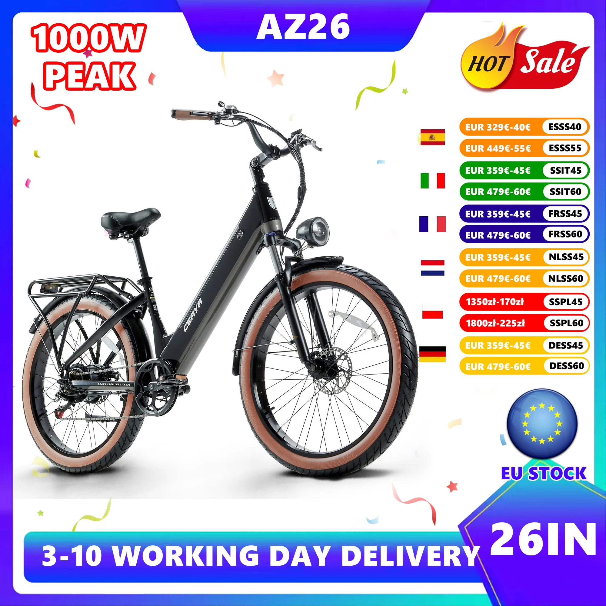 Vélo électrique CEAYA AZ26 EBIKE à pneus larges, vélo électrique de ville, batterie 48V 20AH, vélo électrique de montagne PEAK 1000W, vélo électrique de randonnée