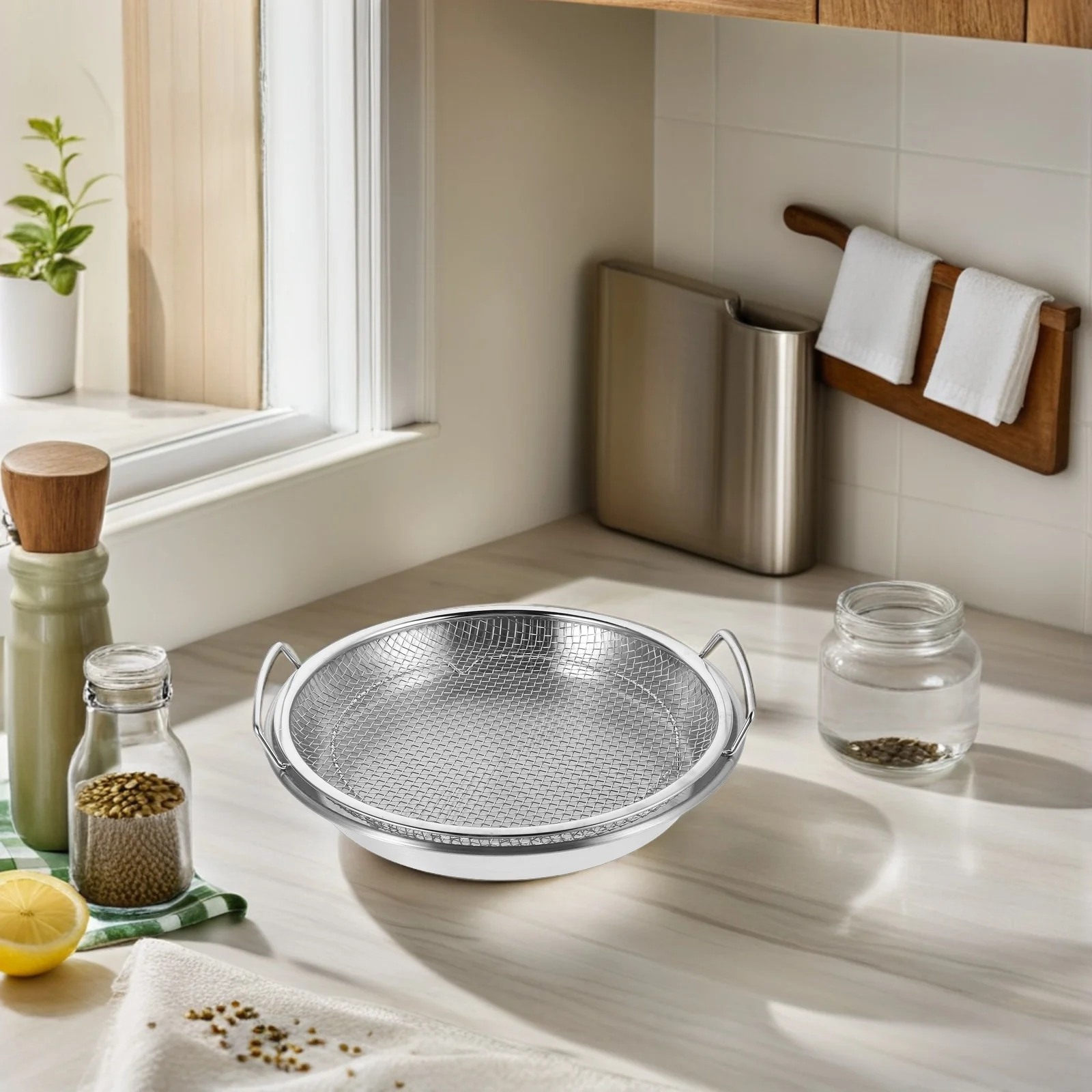 

Stainless Steel Drain Pan Frying Net Tray Sieves Cooking Oil Strainer Draining Mesh Kitchen Stainless Fat Separator Metal Sieve