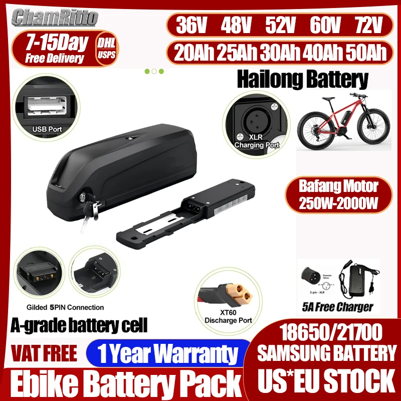 

36v48v52v Hailong 60v72v ebike battery 20ah 30 40 50ah 60ah batterie velo electrique bafang 750w 2000w 13s5p 48v lithium battery