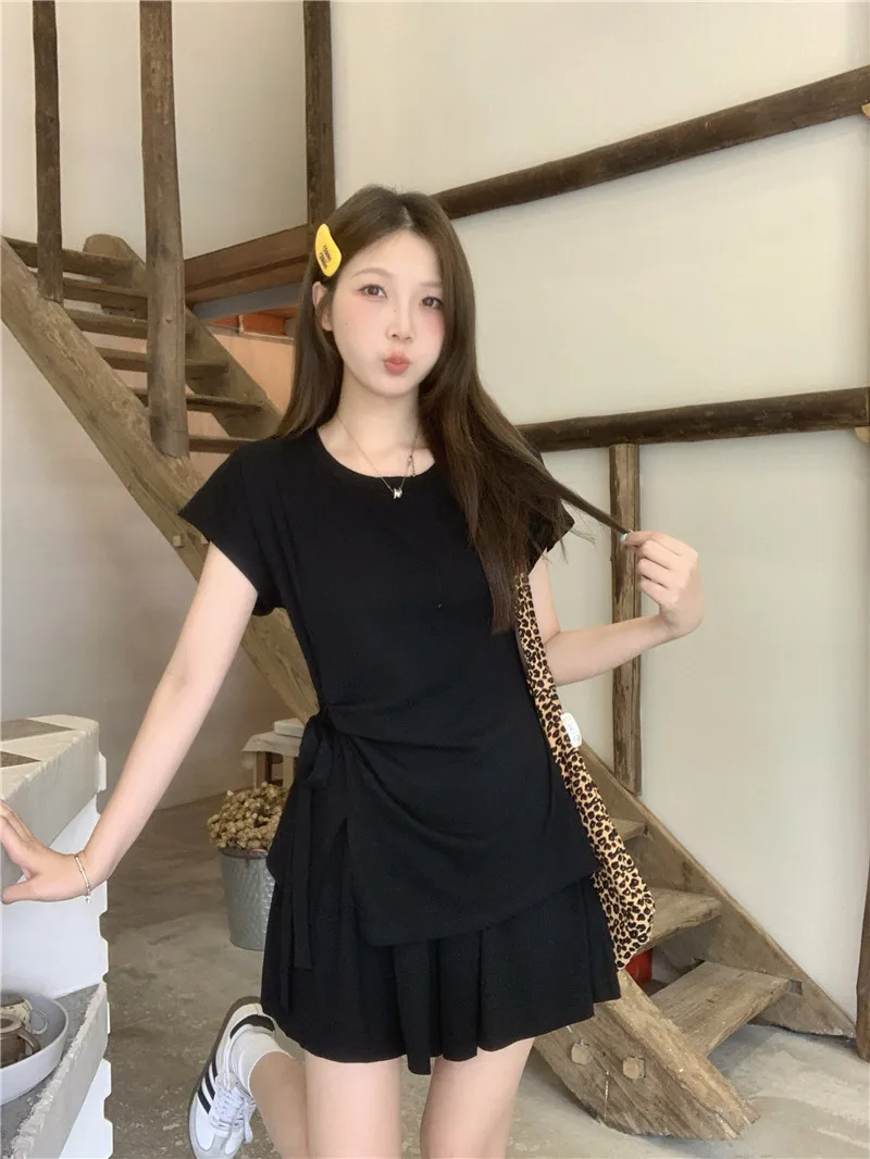 

plus Size Women's Faionable Loose ort Sve Top And orts Set with Waist-Cinching Belt Summer Casual Wear