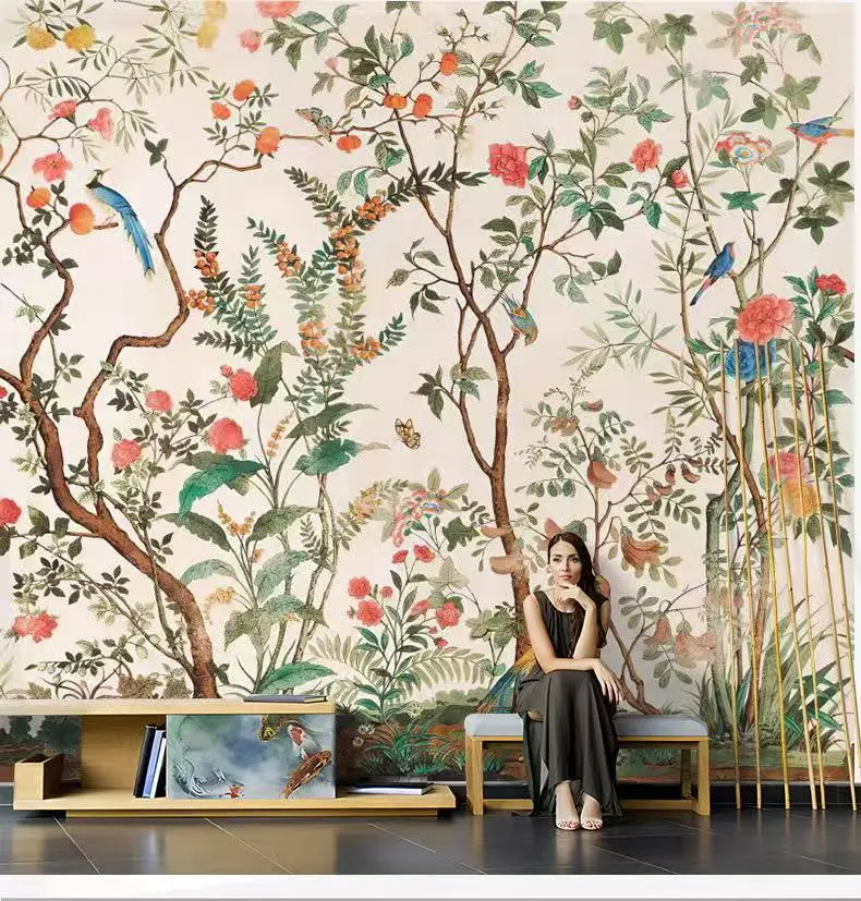 Custom flower and bird wallpaper new Chinese pastoral flower living room bedroom sofa background wall hotel decorative mural