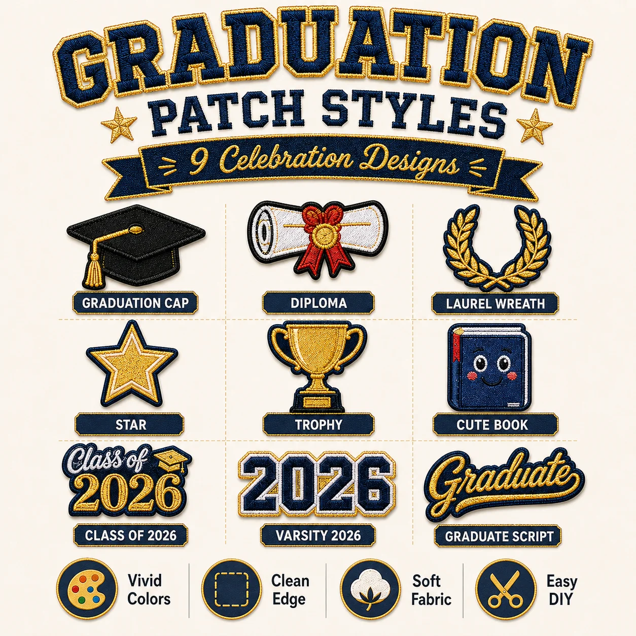 Custom Graduation Embroidered Patches Cap Diploma Trophy Class of 2026 Iron On Sew On for Jackets Bags Hats Gifts Party DIY