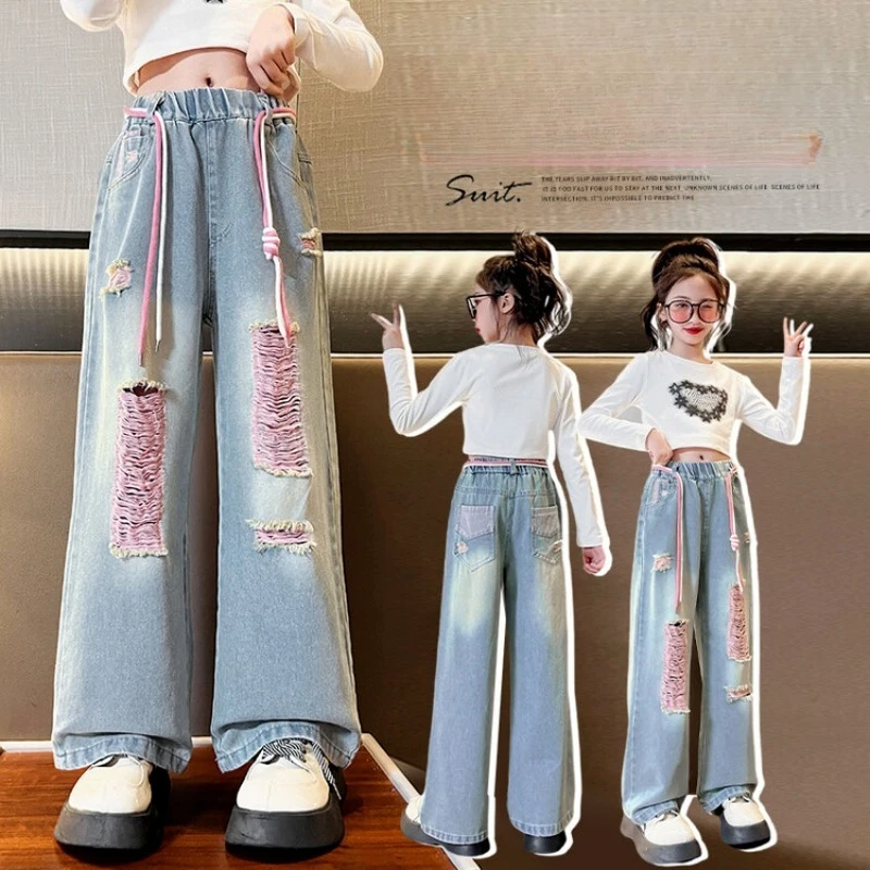 

Sale Teens School Children Hole Trousers Spring Star Design Casual Loose Jeans for Girl Elastic Waist Fashion Kids Straight Pant