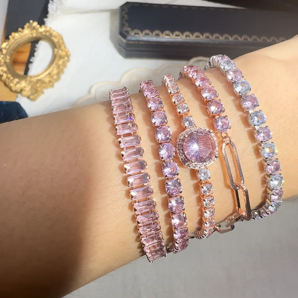Rosa Handkette für Frauen Tennis-Armband Luxuriöses Glänzendes Kubisches Zirkonia Roségold-Farbiges Stern-Armband Y2k Rosa Armreif Weihnachtsgeschenk – Detail 5