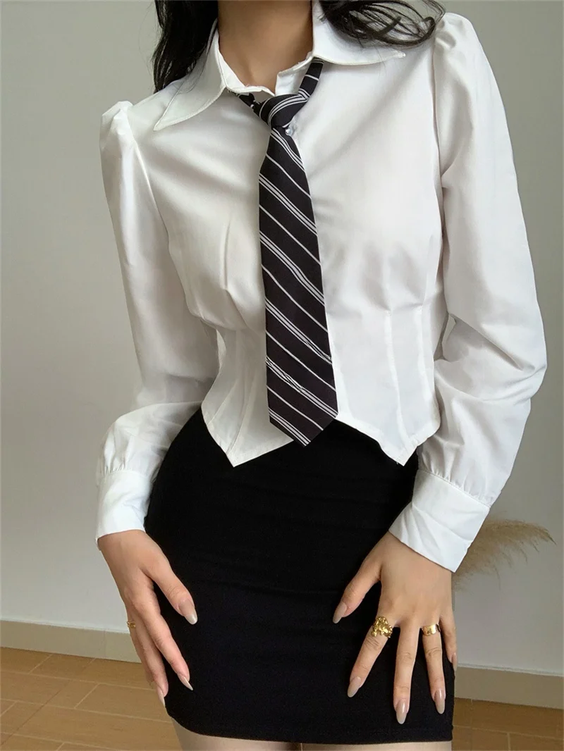Ele ort Svel irt Mujer Faion Coreano Sle Collar Bubble Sve Long Sve Slim Fit Blanco College Sle
