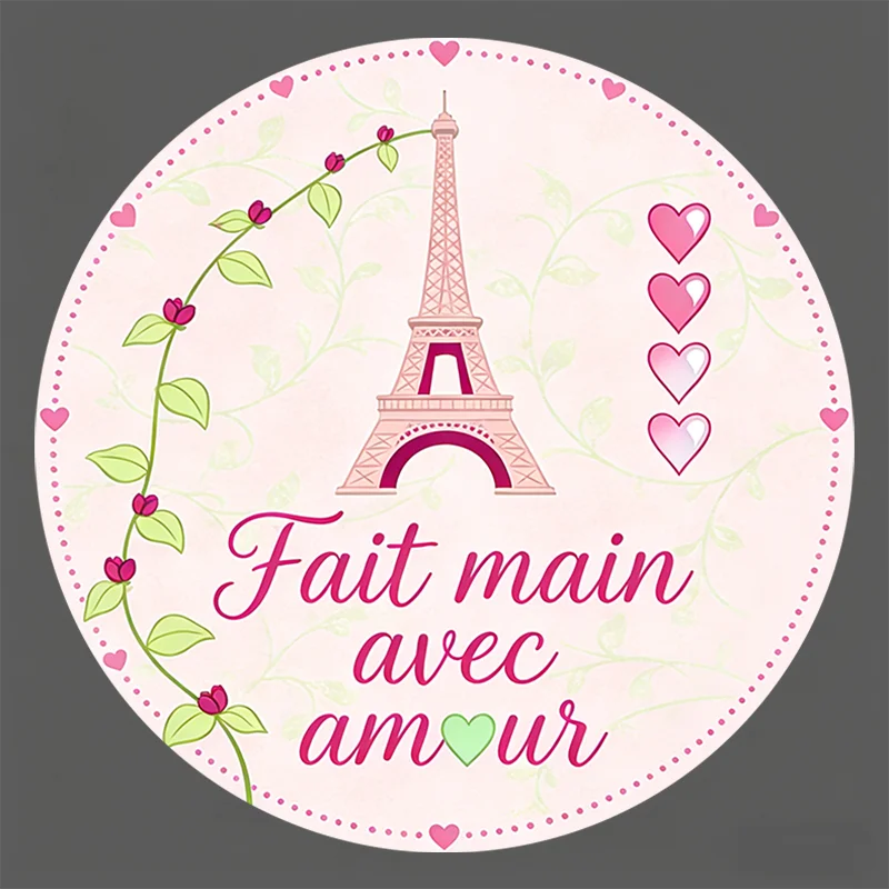 

Round Stickers - Pink Eiffel Tower & Vine Heart "Fait main avec amour" Design for Gift Bags, Gift Boxes & Handmade Crafts