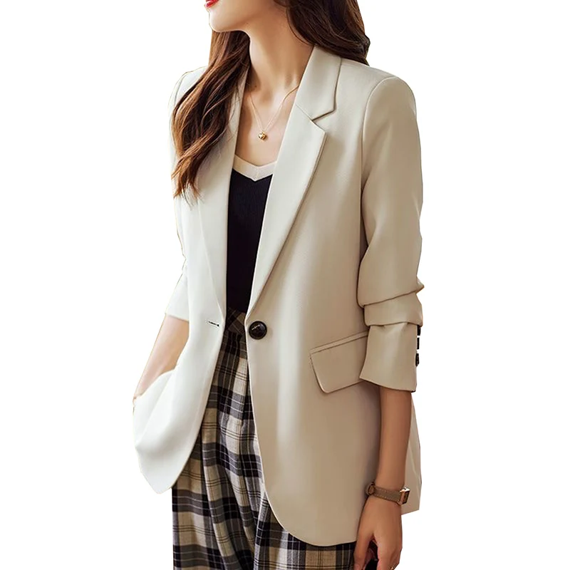 Women Blazer 2023 Spring Autumn New Fashion Rear Slit Apricot Suit Coat Female Long sleeve Casual Blazers Solid Loose Jacket