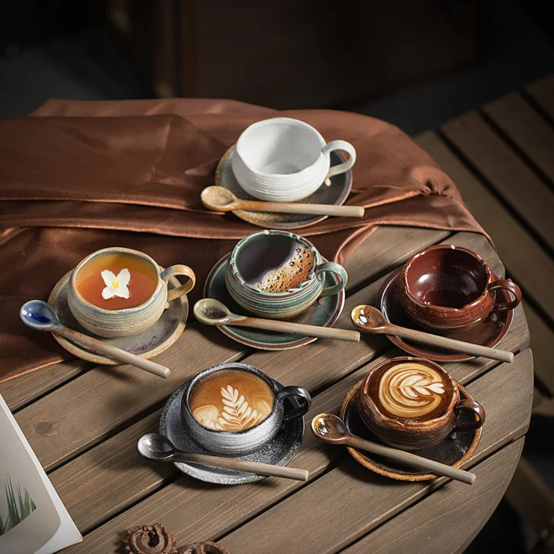 150ml Ceramic Retro Coffee Cup And Plate Set Creative Personalized Kiln Transformation Mug Restaurant Latte High Beauty Cup Dish