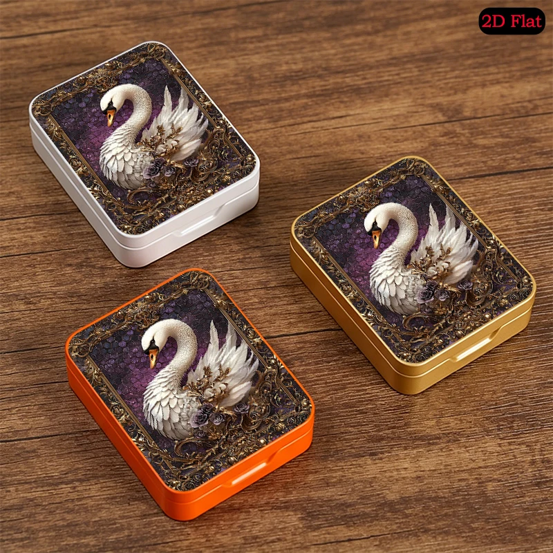 Purple Honeycomb Background White Swan Gold Frame Theme Mini Multi-use Flip Top Tin Box, Anti-rust Pocket Square Tin Box