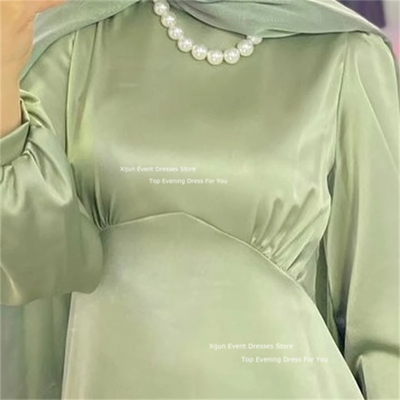 Xijun Green Satin Mermaid Evening Dresses Long Sleeves Muslim Prom Dresses Formal Dubai Floor Length Prom Gowns For Women 2024