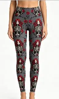 Women Mid‑Rise Fleece Lined Leggings, Halloween Skull Red Rose Thorn Ethnic Geometric Hem Print Slim Stretch Party Pants