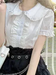 XS-2XL Japanese Kawaii Lolita Blouses Women Cute Bow Peter Pan Collar Vintage Ruffles JK Shirts Girly Sweet Puff Sleeve Camisa