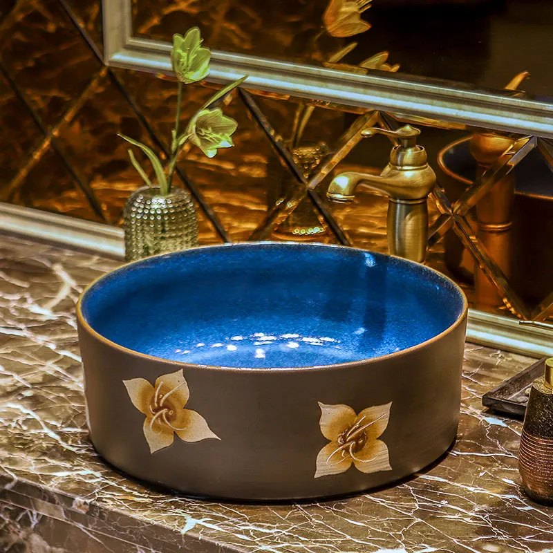 Gold mosaic design Oval basin washbasin Jingdezhen Art ceramic wash basin vessel sinks countertop Bathroom sinks