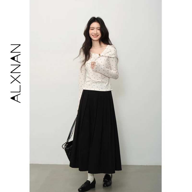 

ALXNAN абрикосовая футболка в горошек, осень 2024, облегающие нишевые футболки с длинными рукавами, элегантный повседневный хлопковый женский пуловер L57026