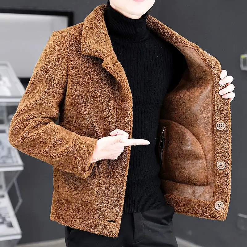 2024 Autumn and Winter Men\'s Sheep Two Sided Wearing Fur Cardigan Jacket Plush Thickening Slim Fit Fashionable Clothes C31