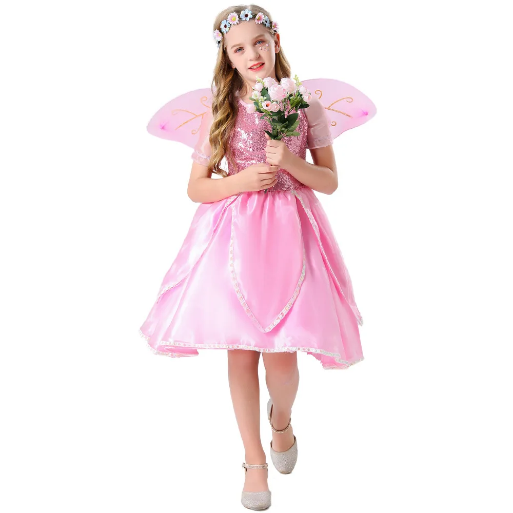 

Girls Tinker Bell Costume Kids Pink Flower Fairy Elf Wings Princess Dress Birthday Party Halloween Cosplay Outfits Fancy Dress