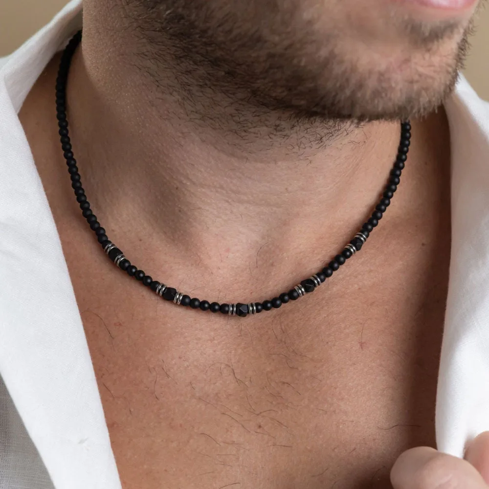 Men's Black Agate Beaded Choker Necklace Hip Hop Punk Stainless Steel Matte Frosted Cut Stone Minimalist Chain Jewelry Accessory