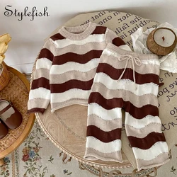 Spring And Autumn Baby Clothing For Girls Fashionable And Versatile Wave Contrasting Striped Knitted Top+Loose Pants Set