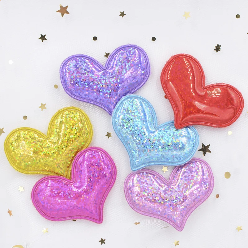 12Pcs Glitter Heart Padded Patches Laser PU Fabric Applique for DIY Hair Clasp Girl Hair Band Headbands Ornaments Accessoies