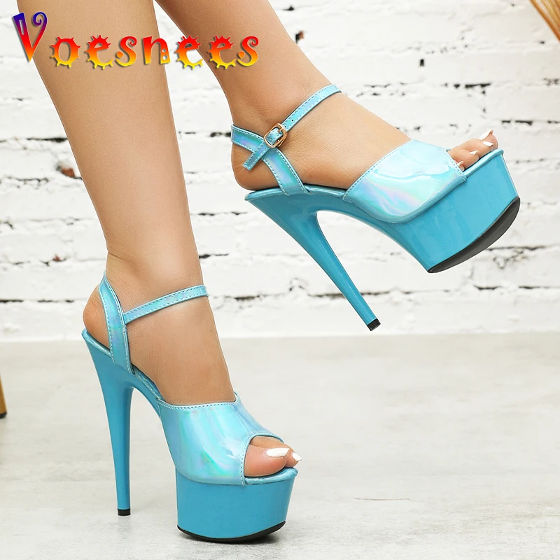 New 2023 Summer Fashion Laser Patent Leather Sandals Sexy Open Toe 15 17 20CM High Heels Dress Wedding Nightclub Women Shoes