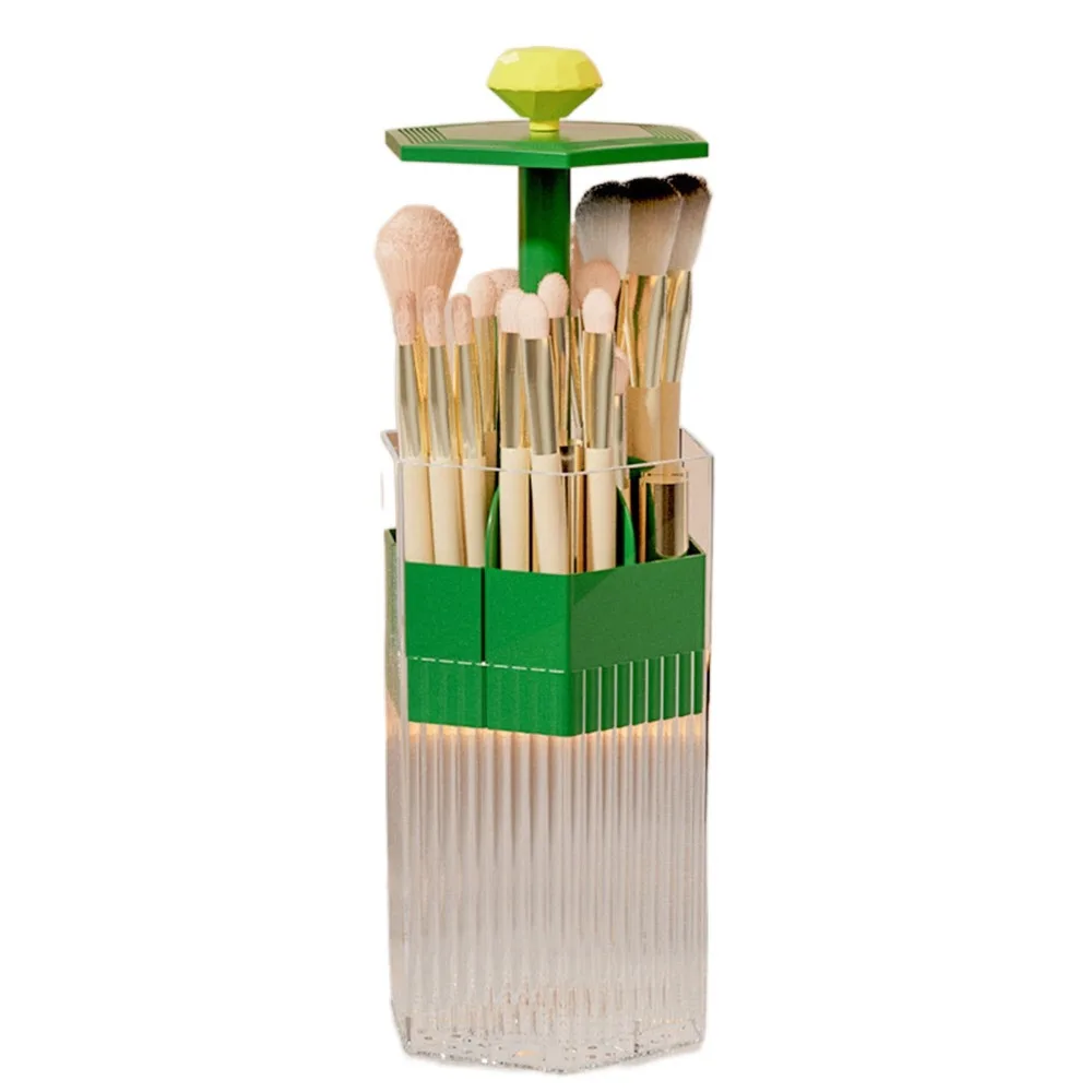 Plastic Automatic Lifting Makeup Brush Holder Press Type Large Capacity Makeup Brush Organizer with Lid Space Saving