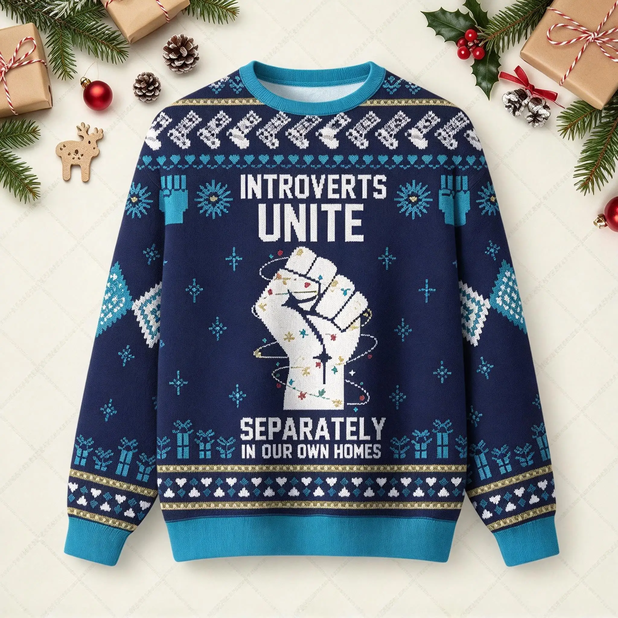 Men Crewneck Polyester Sweatshirt Introverts Unite Separately Funny Fist Graphic Xmas Pullover
