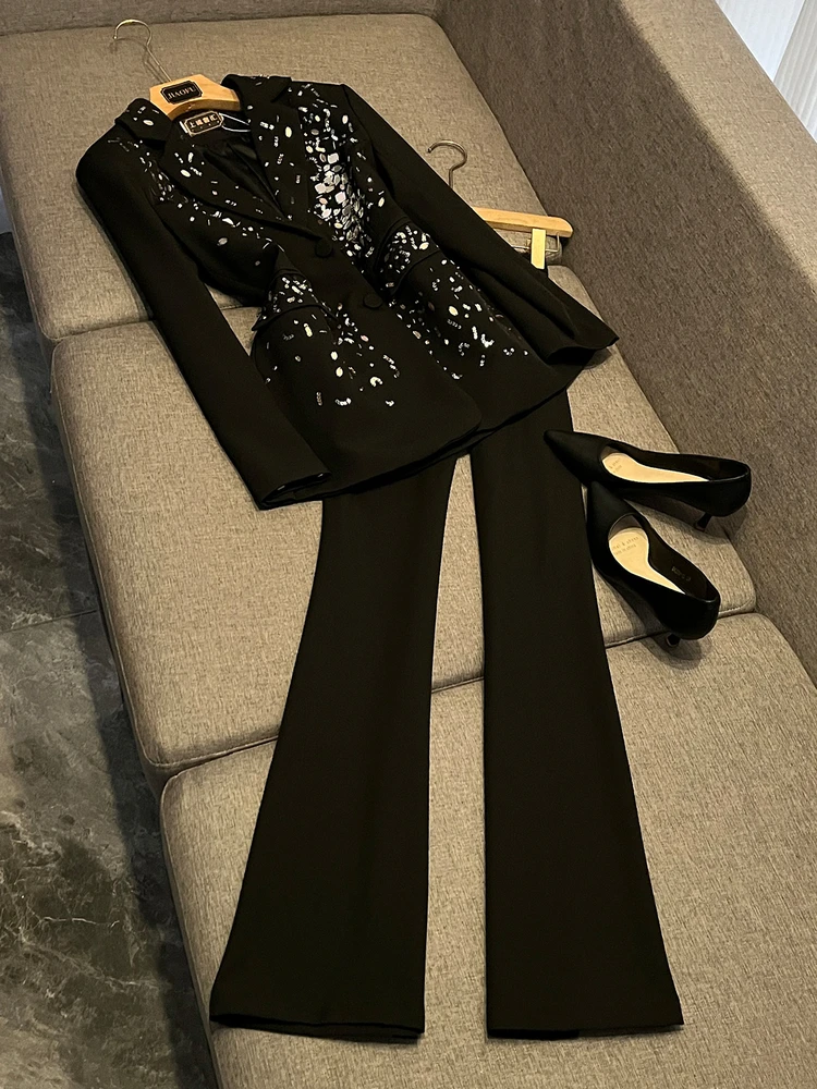 

Busin Suit Set High Waist Straight Leg Pants Long Sve Glitter Design Autumn Winter New Sle Women's Faion Workwear