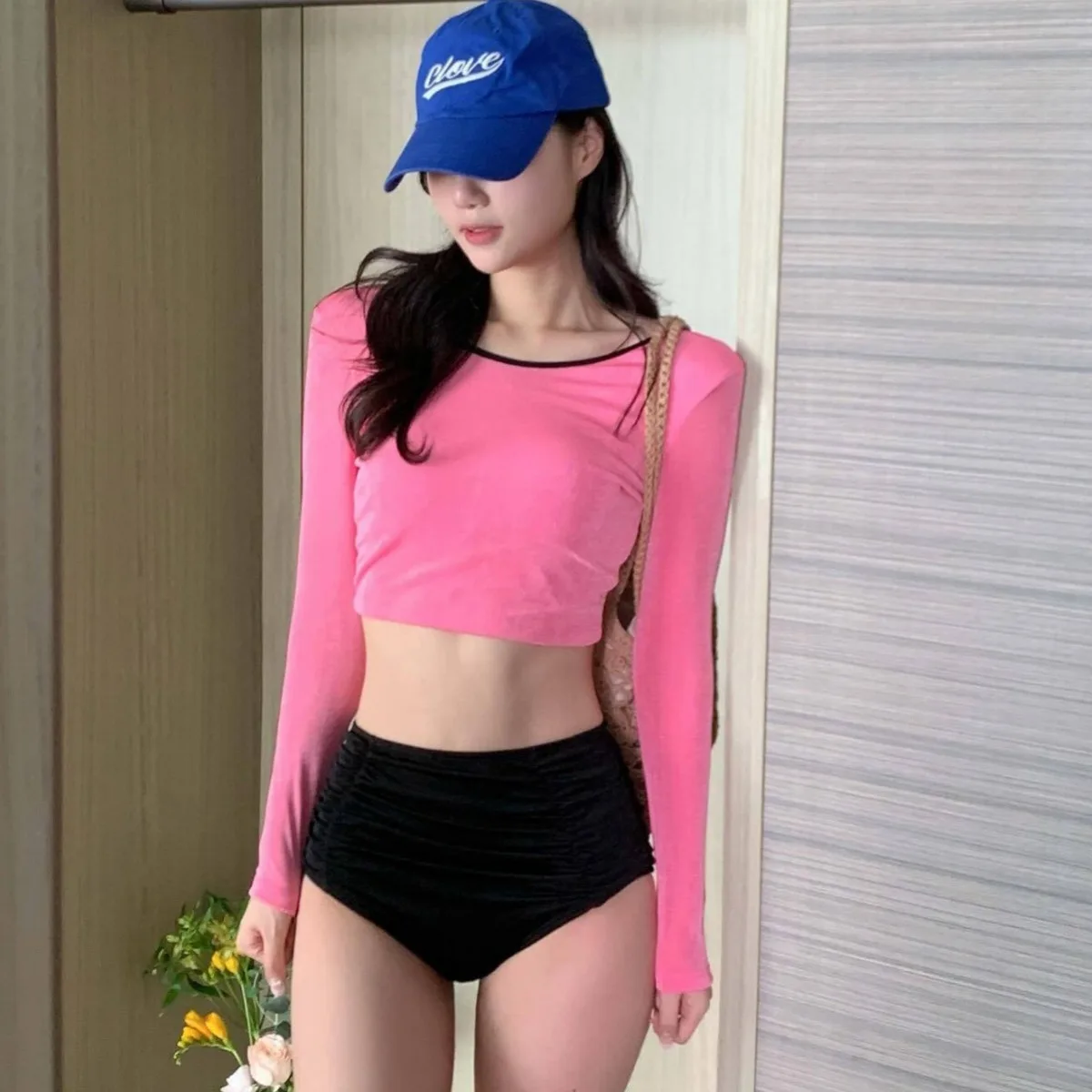 

Купальник в корейском стиле с длинными рукавами, цветными блоками и высокой талией, женский, скромный, INS Pure Allure Spa, трансграничная торговля